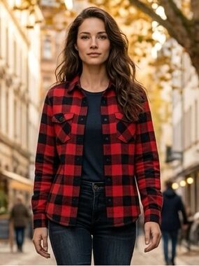 NWT Visitor SZ S red/black “fur” lined shacket w/curved hemline/bust 42”-PTP 21”